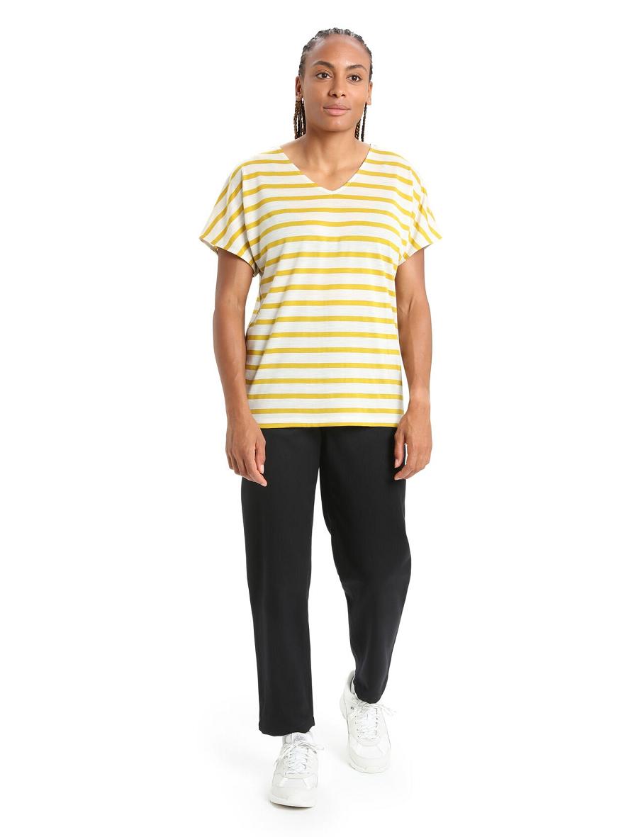 Ecru Heather / Silent Gold Women's Icebreaker Merino Drayden Reversible Short Sleeve Top Stripe T Shirts | USA 1607XYUF